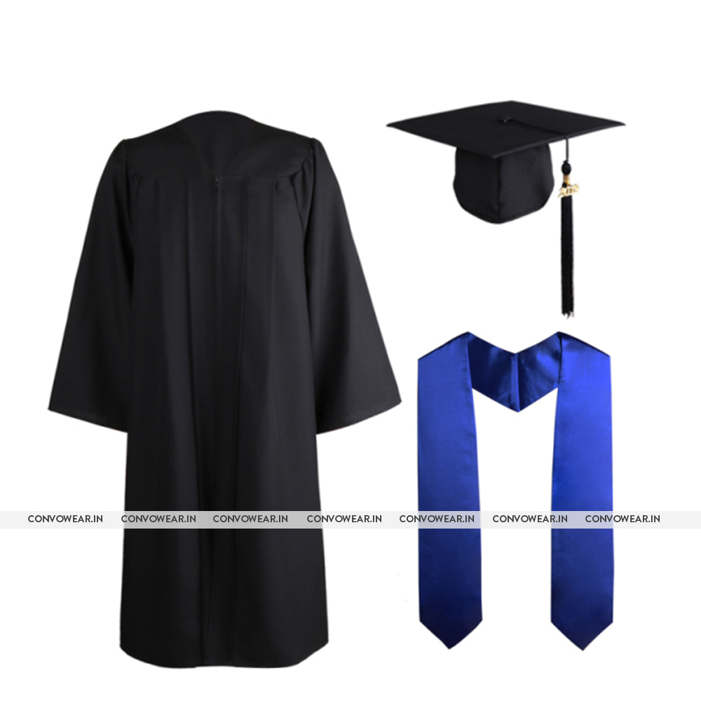 Black Matte Gown & Hat with Blue Stole - Convo Wear