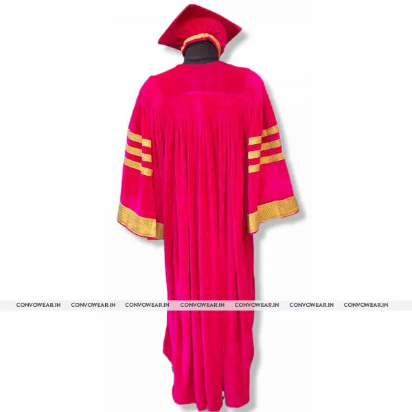 Back-facing male with short brown hair, full-length doctoral graduate gown,  red black, arms raised on Craiyon